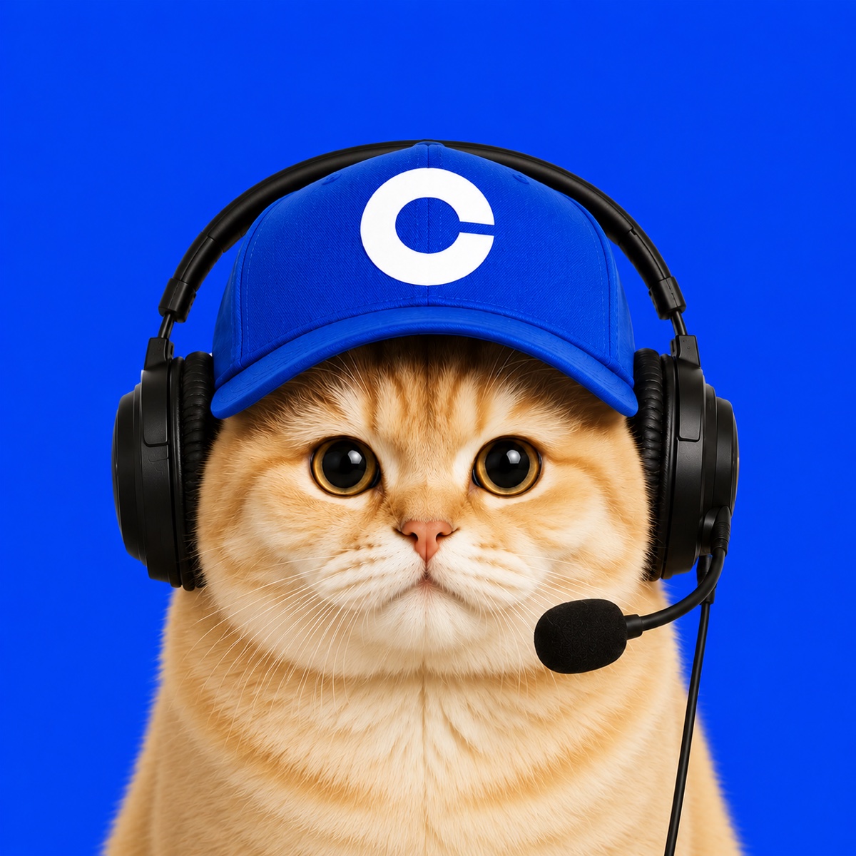 BASECAT, a cat wearing a Coinbase-style cap and a headset